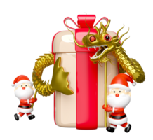 3d or chinois dragon Danse avec Père Noël noël, cadeau boîte, chapeau. joyeux Noël et content Nouveau année, 3d rendre illustration png