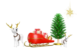 3d reindeer with sleigh, pine tree, gift box, snowflake. merry christmas and happy new year, 3d render illustration png