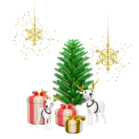 3d reindeer with pine tree, gift box, snowflake. merry christmas and happy new year, 3d render illustration png