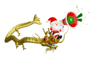 3d gold santa claus riding a dragon with megaphone or hand speaker, announce promotion news. merry christmas and happy new year, 3d render illustration png