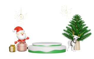 3d Podium empty with reindeer,  Santa Claus, gift box, christmas tree. merry christmas and happy new year, 3d render illustration png