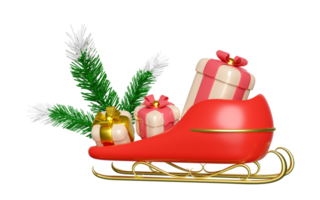 3d Schlitten mit Kiefer Blätter, Geschenk Kasten. fröhlich Weihnachten und glücklich Neu Jahr, 3d machen Illustration png