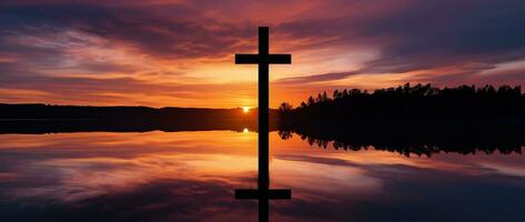 concepto o conceptual madera cruzar o religión símbolo forma terminado un puesta de sol cielo antecedentes bandera ai generado foto