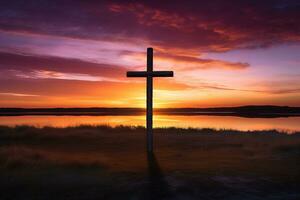 concepto o conceptual madera cruzar o religión símbolo forma terminado un puesta de sol cielo antecedentes bandera ai generado foto