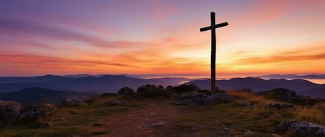 Concept or conceptual wood cross or religion symbol shape over a sunset sky background banner AI generated photo