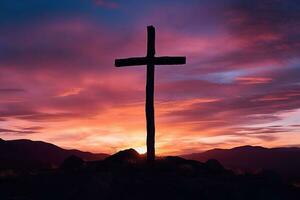 concepto o conceptual madera cruzar o religión símbolo forma terminado un puesta de sol cielo antecedentes bandera ai generado foto