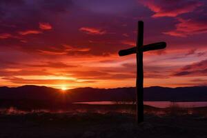 concepto o conceptual madera cruzar o religión símbolo forma terminado un puesta de sol cielo antecedentes bandera ai generado foto