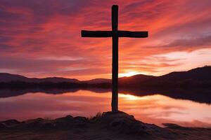 concepto o conceptual madera cruzar o religión símbolo forma terminado un puesta de sol cielo antecedentes bandera ai generado foto