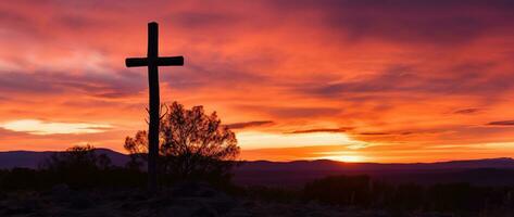 Concept or conceptual wood cross or religion symbol shape over a sunset sky background banner AI generated photo