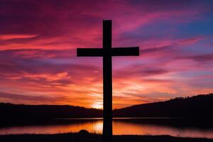 concepto o conceptual madera cruzar o religión símbolo forma terminado un puesta de sol cielo antecedentes bandera ai generado foto