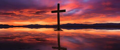 concepto o conceptual madera cruzar o religión símbolo forma terminado un puesta de sol cielo antecedentes bandera ai generado foto