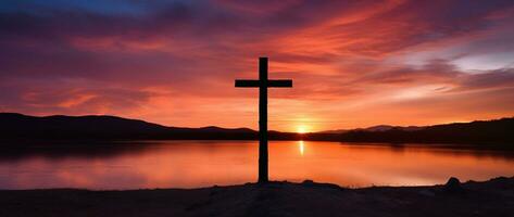 concepto o conceptual madera cruzar o religión símbolo forma terminado un puesta de sol cielo antecedentes bandera ai generado foto