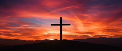 concepto o conceptual madera cruzar o religión símbolo forma terminado un puesta de sol cielo antecedentes bandera ai generado foto