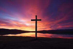 concepto o conceptual madera cruzar o religión símbolo forma terminado un puesta de sol cielo antecedentes bandera ai generado foto