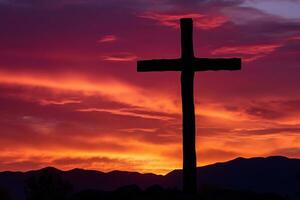 concepto o conceptual madera cruzar o religión símbolo forma terminado un puesta de sol cielo antecedentes bandera ai generado foto