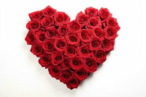 ai generado corazón hecho de rojo rosas en blanco fondo, san valentin día concepto foto