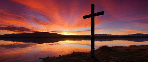 concepto o conceptual madera cruzar o religión símbolo forma terminado un puesta de sol cielo antecedentes bandera ai generado foto