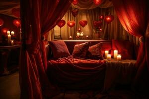 Romantic room interior with pink curtains and red hearts. Valentine's day concept. AI generated photo