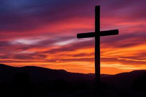 concepto o conceptual madera cruzar o religión símbolo forma terminado un puesta de sol cielo antecedentes bandera ai generado foto