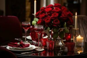 Romantic table setting with red roses, candles and glasses of wine.valentine concept AI generated photo
