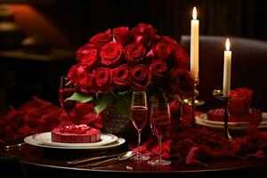 Romantic table setting with red roses, candles and glasses of wine.valentine concept AI generated photo