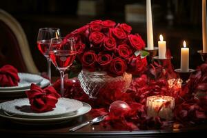 romántico mesa ajuste con rojo rosas, velas y lentes de vino.valentine concepto ai generado foto