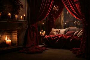 Romantic room interior with pink curtains and red hearts. Valentine's day concept. AI generated photo