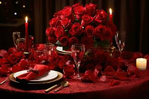 Romantic table setting with red roses, candles and glasses of wine.valentine concept AI generated photo