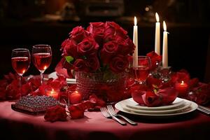 romántico mesa ajuste con rojo rosas, velas y lentes de vino.valentine concepto ai generado foto