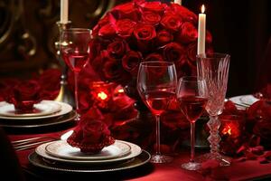 romántico mesa ajuste con rojo rosas, velas y lentes de vino.valentine concepto ai generado foto