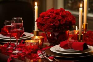 Romantic table setting with red roses, candles and glasses of wine.valentine concept AI generated photo