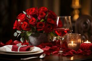 Romantic table setting with red roses, candles and glasses of wine.valentine concept AI generated photo