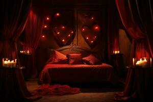 Romantic room interior with pink curtains and red hearts. Valentine's day concept. AI generated photo