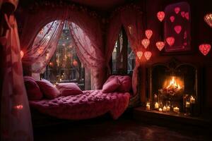 Romantic room interior with pink curtains and red hearts. Valentine's day concept. AI generated photo