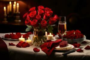 Romantic table setting with red roses, candles and glasses of wine.valentine concept AI generated photo