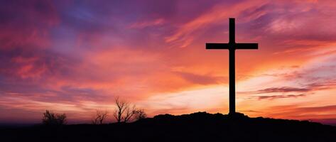Concept or conceptual wood cross or religion symbol shape over a sunset sky background banner AI generated photo