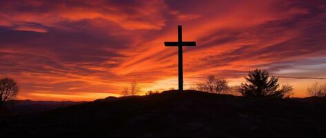 Concept or conceptual wood cross or religion symbol shape over a sunset sky background banner AI generated photo