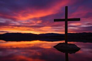 concepto o conceptual madera cruzar o religión símbolo forma terminado un puesta de sol cielo antecedentes bandera ai generado foto