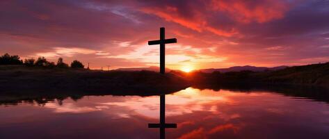 concepto o conceptual madera cruzar o religión símbolo forma terminado un puesta de sol cielo antecedentes bandera ai generado foto