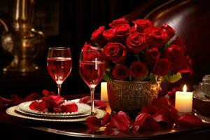 romántico mesa ajuste con rojo rosas, velas y lentes de vino.valentine concepto ai generado foto