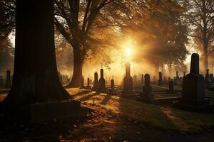 lápidas en un cementerio a amanecer ai generado foto