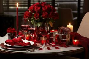 Romantic table setting with red roses, candles and glasses of wine.valentine concept AI generated photo