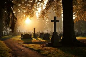 lápidas en un cementerio a amanecer ai generado foto