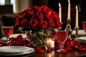 romántico mesa ajuste con rojo rosas, velas y lentes de vino.valentine concepto ai generado foto