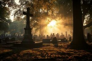 lápidas en un cementerio a amanecer ai generado foto