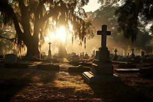 Gravestones in a cemetery at sunrise AI generated photo