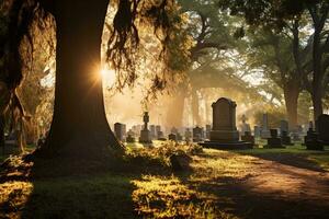 lápidas en un cementerio a amanecer ai generado foto