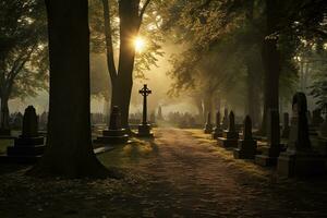 lápidas en un cementerio a amanecer ai generado foto