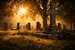 Gravestones in a cemetery at sunrise AI generated photo