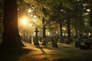 lápidas en un cementerio a amanecer ai generado foto